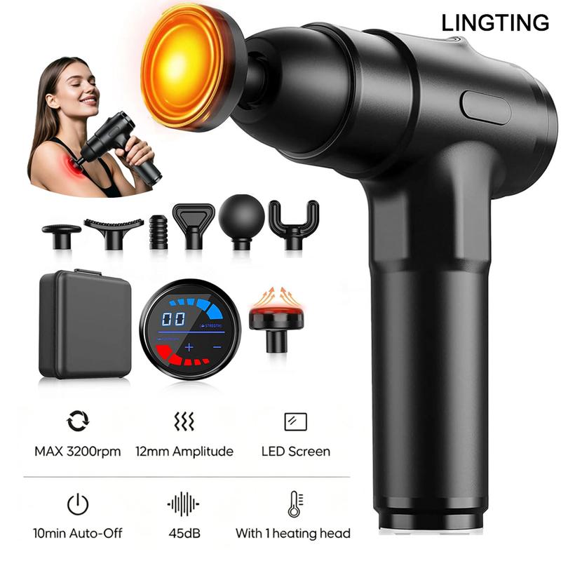 LINGTENGHeating massage gun, deep tissue massage gun, back and neck massager, muscle percussion massager, silent fascia gun, handheld massager, 7 Type C Charge