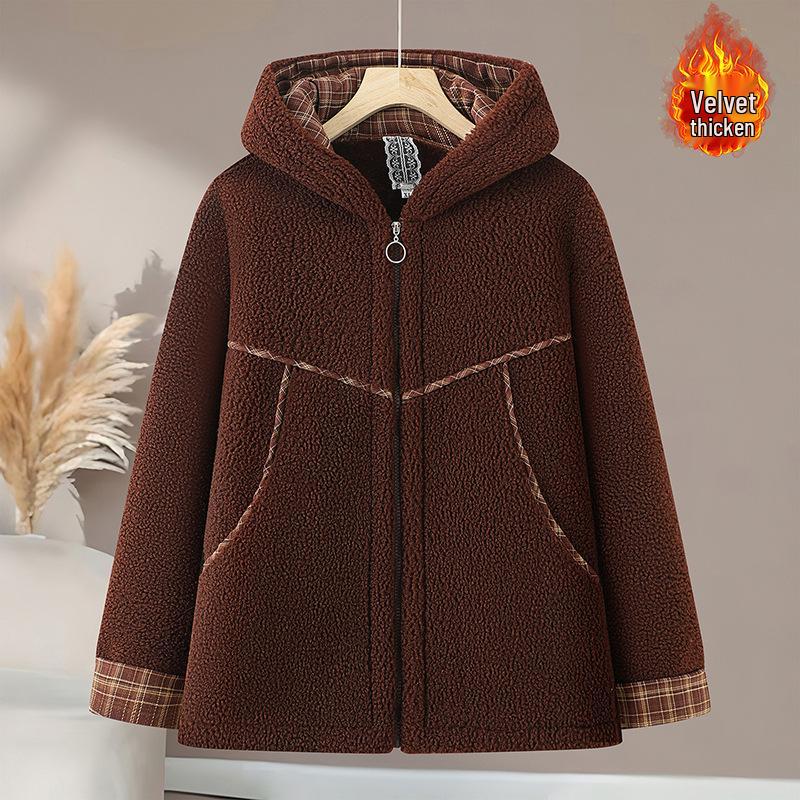 New Style Winter Plus Velvet Thick Fleece Hooded Zipper Jacket for Middle-Aged & Elderly Women