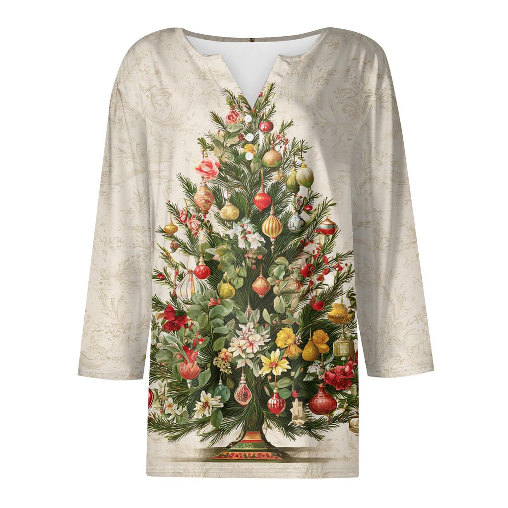 Women's Fashion Casual Christmas Print V-Neck Short Sleeve Decorative Button Three-quarter Sleeve T-shirt Top