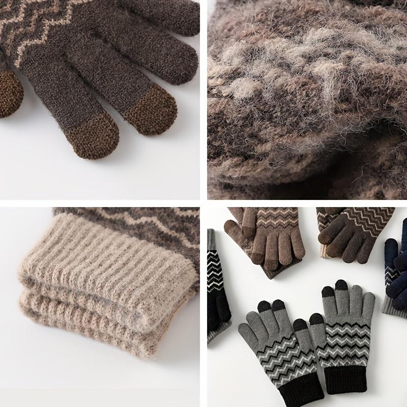 WTEMPO 1 Pair of New Fashionable Winter Men's Plush Warm Gloves Cold-proof Touch Screen Knitted Jacquard Full Finger Gloves