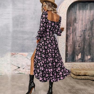Women's Fashion Fall Winter Flower Pattern Print Long Sleeve Square Collar Middle Waistline Casual Dresses