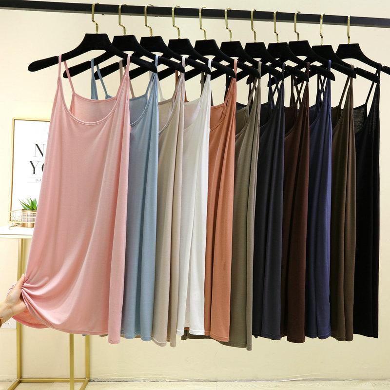 Modal Spaghetti Strap Dress Summer Sexy Sleeveless Tank Dress Solid Color Casual Camisole Dresses Mid-length Soft Sleepdress Basic Slipdress