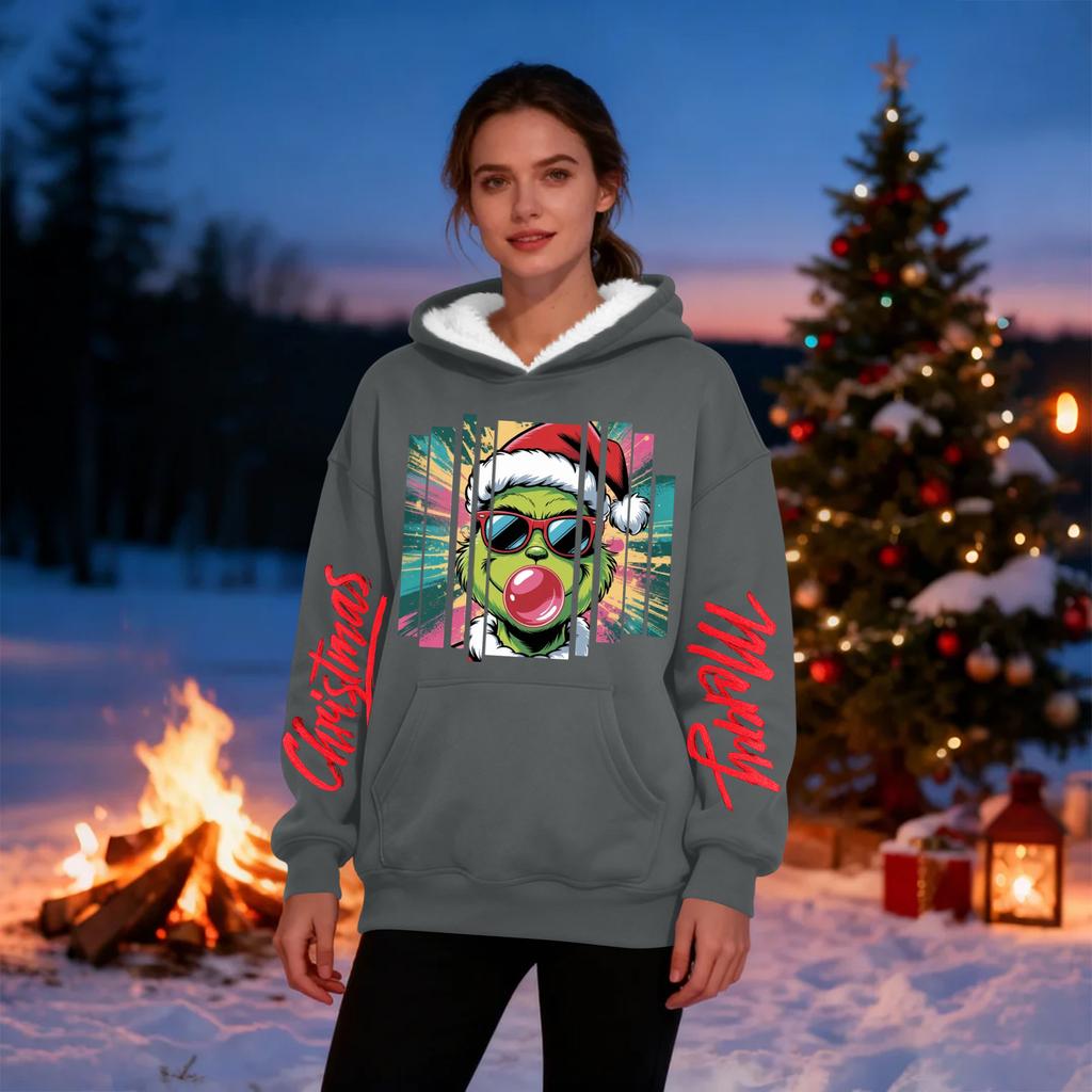 Women's Casual Fashion Plus Velvet Thickened Christmas Print Hooded Sweatshirt