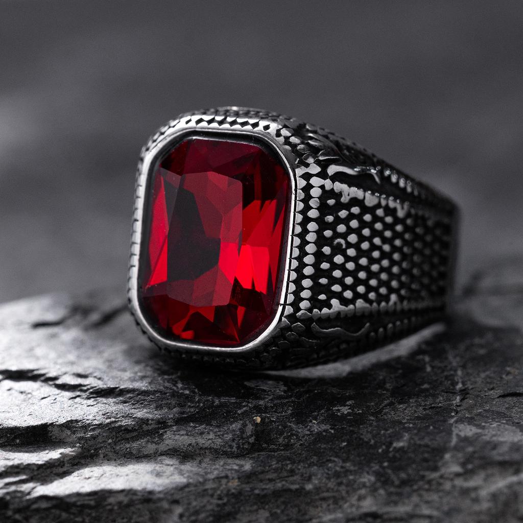 Vintage Stil 316L Edelstahl Herrenring, Quadratisch facettierter synthetischer Faux-Zirkon, Retro-Muster, Einzelring-Schmuck