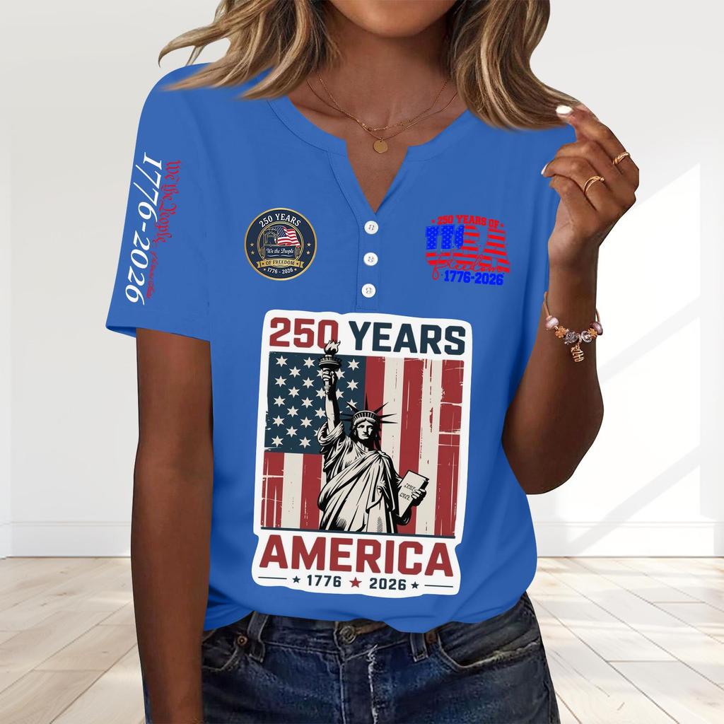 Women's Fashion Casual 250th Anniversary Independence Day Print V-Neck Short Sleeve Decorated Button-Up T-Shirt