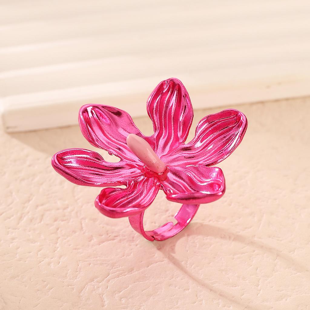 Exaggerated Metal Texture Large Flower Rings for Women Ladies Colorful Drop Oil Adjustable Rings Vacation Jewelry Accessories