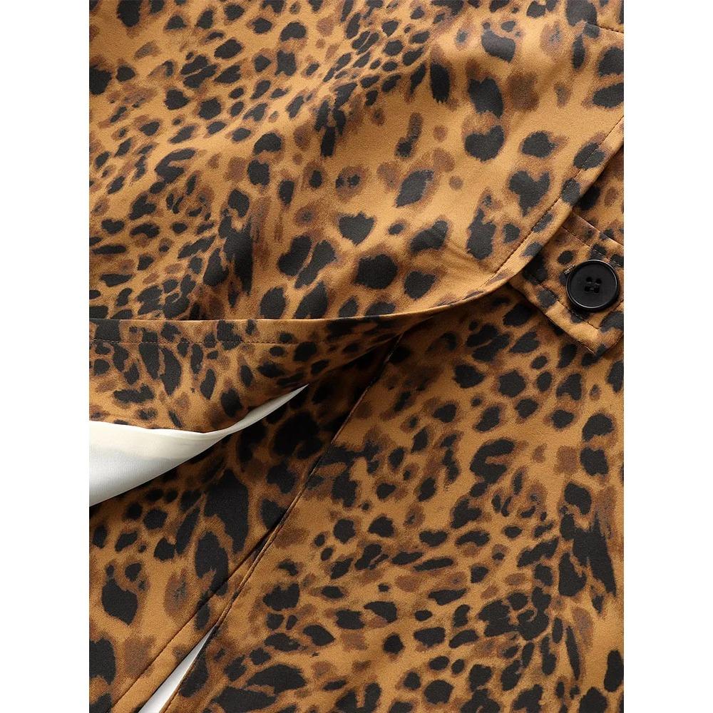 Spring and Autumn New Women's Fashion Leopard Print Coat Long Sleeves Hidden Buckle Lapel Overcoat Pocket Vintage Street Windbreaker