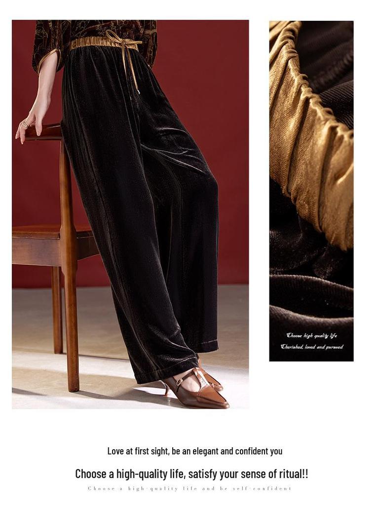 Women's High-End Silk Velvet Wide-Leg Pants - 2025 Autumn/Winter Collection, Loose Fit, Long, Casual, Perfect for Middle-Aged Moms
