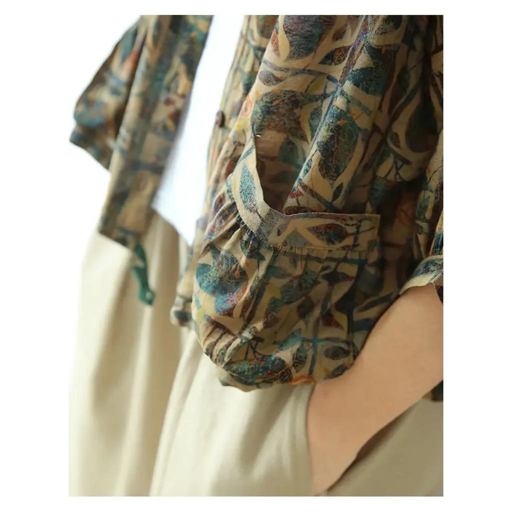 Cotton Linen Women Shirt Vintage Oversized Floral Print Blouses Harajuku Leisure Loose Ladies Casual Button Up Shirts Tops Mujer