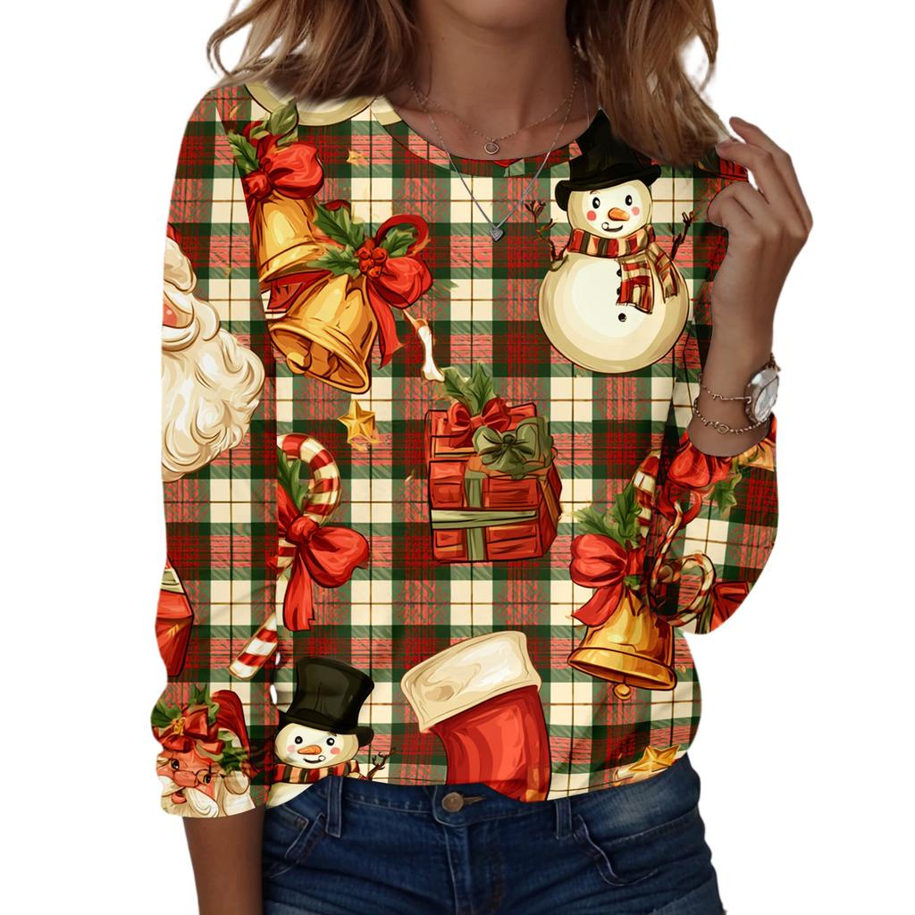 Women's Fashion Christmas Print Neck Long Sleeve Pullover Top for Holiday Wear