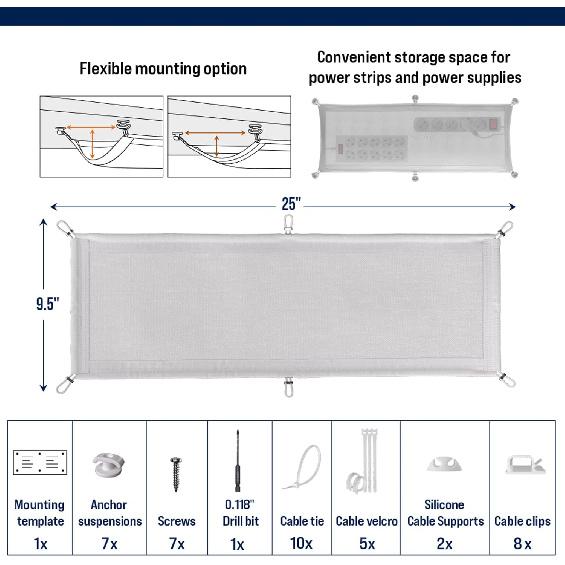 Cable Management Net - Under Desk Wire Management - Flexible Under Desk Cable Management Tray White