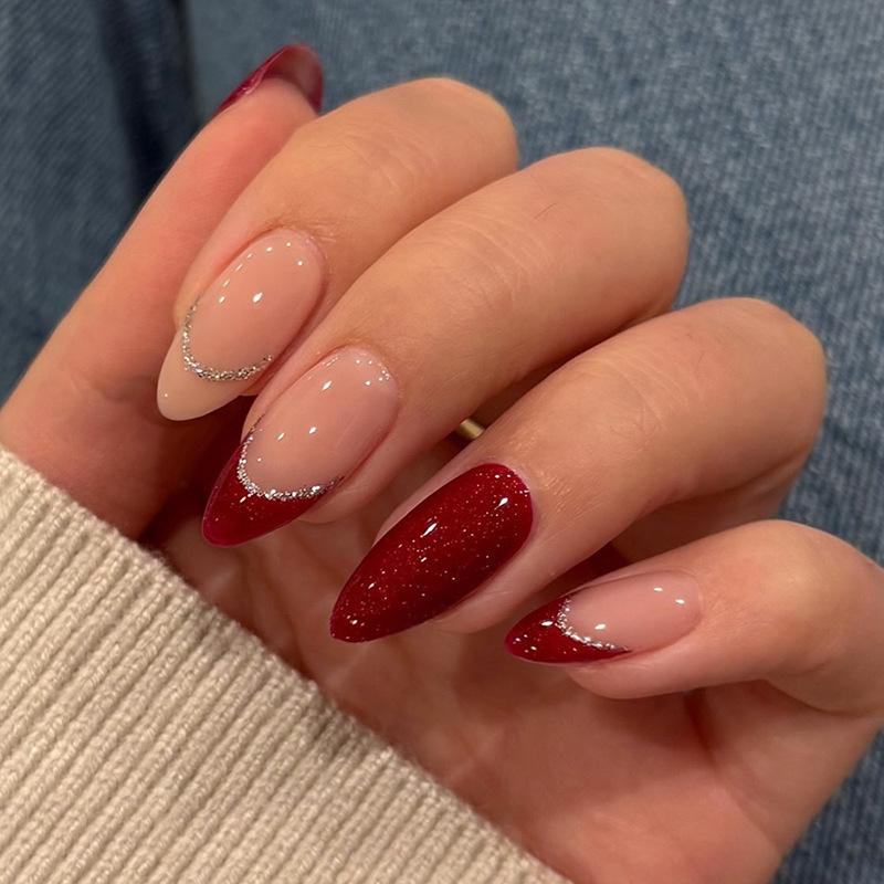 

BEPAN 24Pcs Fake Nails Valentine s Day French Red Nude Glitter Stripe Almond Press-On Nail Tips Perfect for Gift To Women and Friends Medium Almond