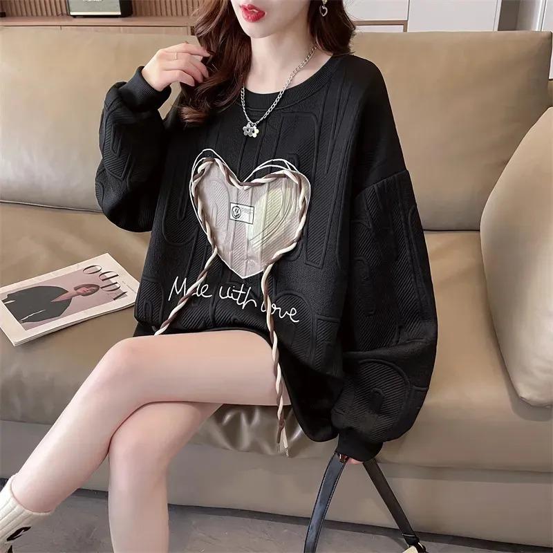 Spring and Autumn New Thin Sweatshirt Women's T-shirt Women's Loose Covering Flesh Large Size Fashionable High-end Women's Outerwear Top Long Sleeve