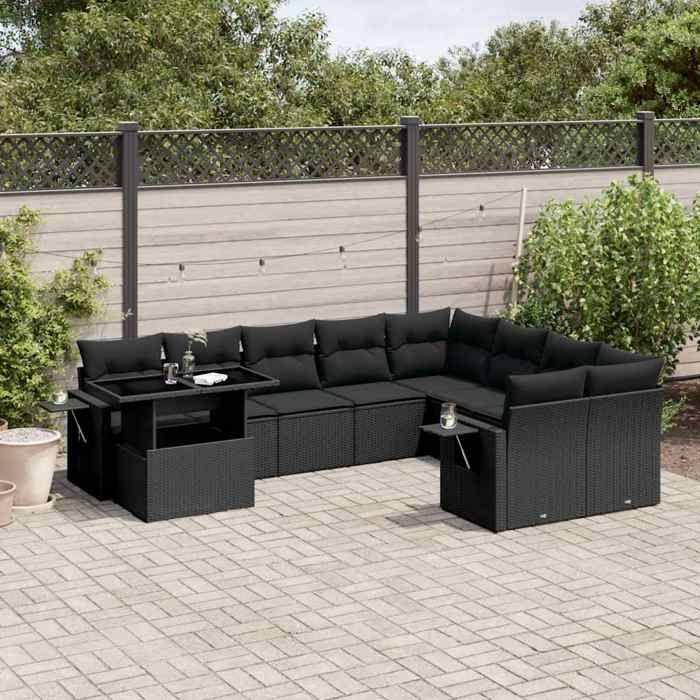 VidaXL Salon de jardin 10 pcs avec coussins noir résine tressée 3268135