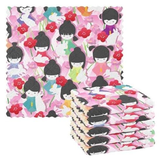 Kitchen Cloth Japanese Style Pattern Pink Doll Design Floral Wiping Absorbent Quick-drying Stain Removal Dishcloth Set 6 Stylish Cleaning Household