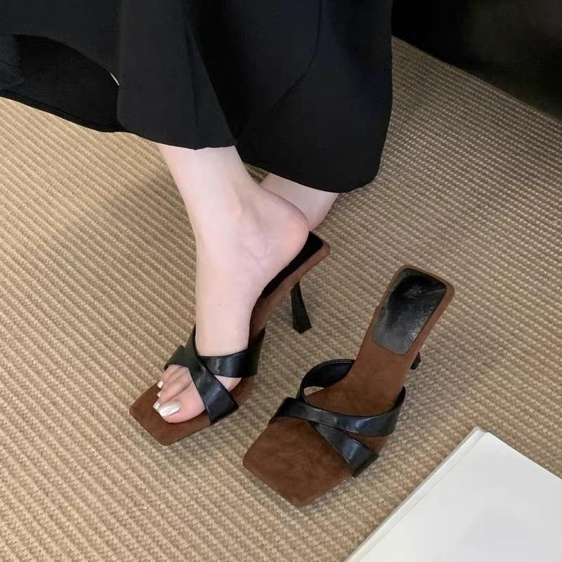 Simple Temperament Open Toe Stiletto Slip Slippers Women Xia Square Head Cross Strap Anti-slip Wear-resistant Slippers