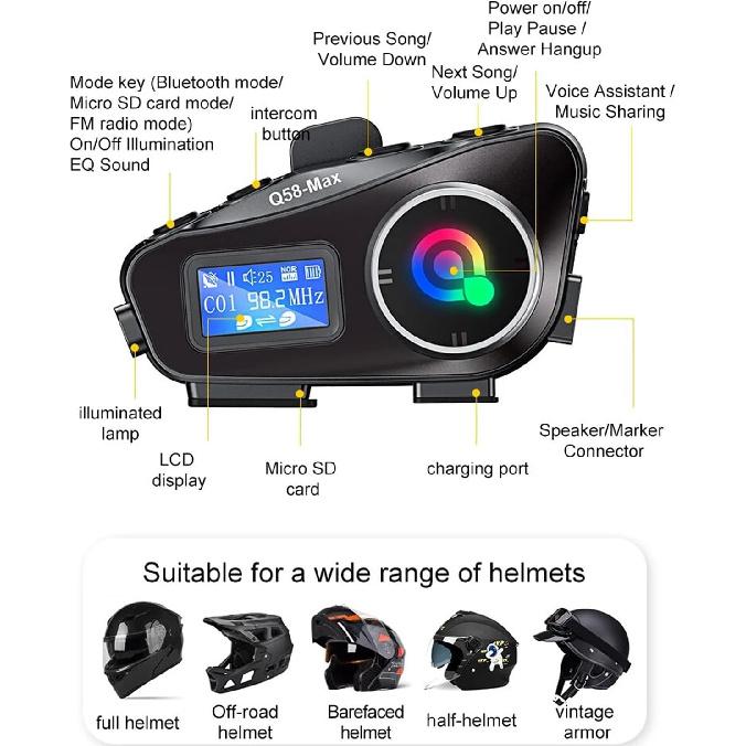 Motorcycle Helmet Intercom Bluetooth Headset,Helmet Intercom Headphones with LED Screen,Illumination,FM Radio,IP67 Waterproof,Voice