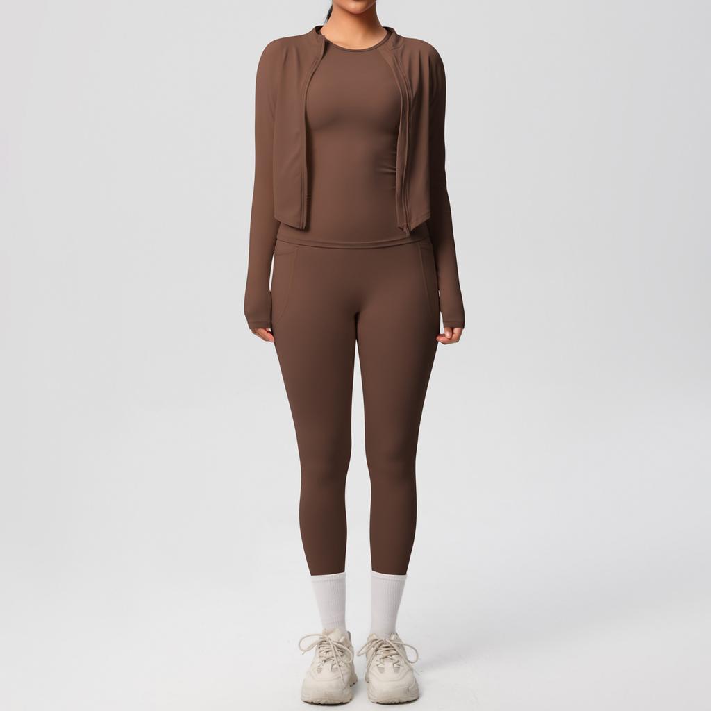 European and American new cloud polished short-sleeved sports zipper jacket casual running hip yoga suit three-piece women's
