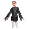 Girls Tassels Latin Dance Leotard Mock Neck Long Sleeve Cutout Back Sparkling Rhinestones Fringe Bodysuit