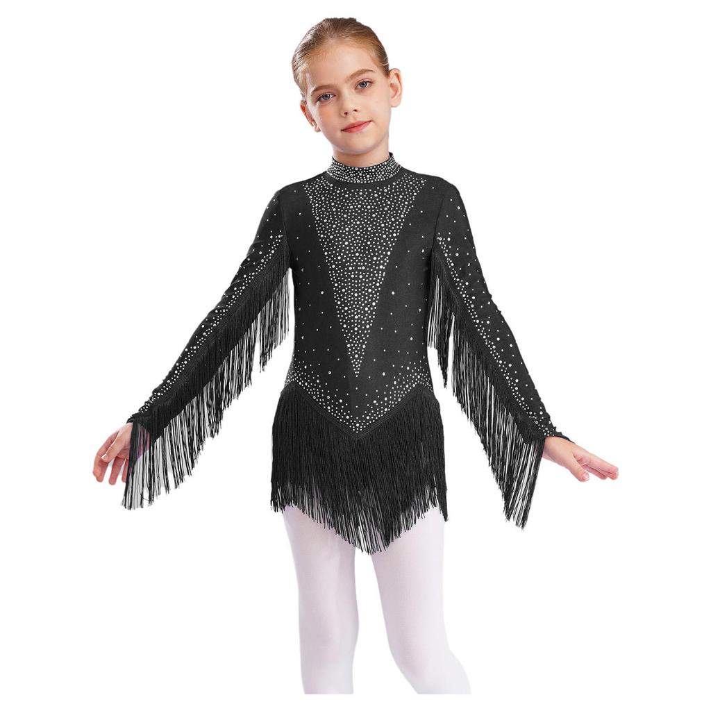 Girls Tassels Latin Dance Leotard Mock Neck Long Sleeve Cutout Back Sparkling Rhinestones Fringe Bodysuit