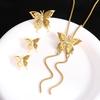 18K Gold Plated Titanium Jewelry Set: Pull-out Butterfly Necklace, Tassel Earrings, Luxury Studs, and Sweater Chain Ring