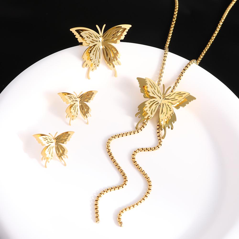 18K Gold Plated Titanium Jewelry Set: Pull-out Butterfly Necklace, Tassel Earrings, Luxury Studs, and Sweater Chain Ring