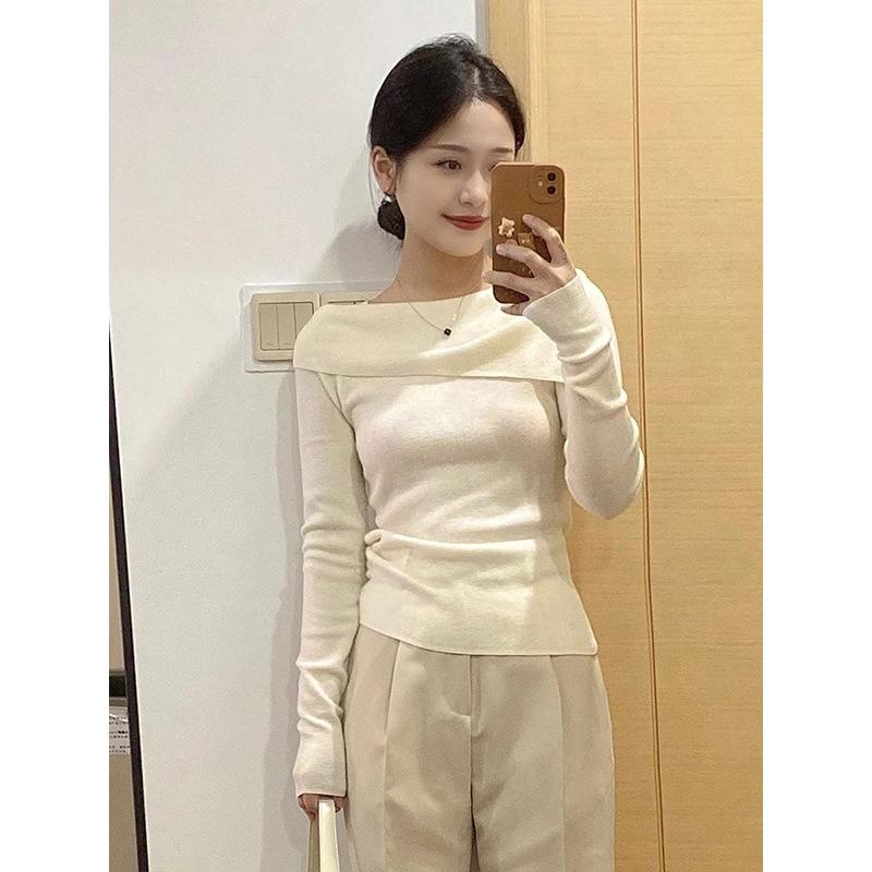 Spring gentle wind one-word shoulder knitted top women's slim pure desire sweater temperament fashionable bottoming shirt
