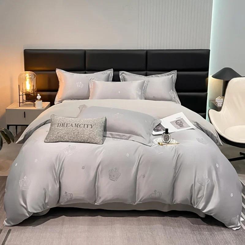 

New high-quality embroidered tencel breathable and washable satin jacquard quilt cover 4-piece set for double bed universal for 1.8m sheet 4pcs світло-сірий колір