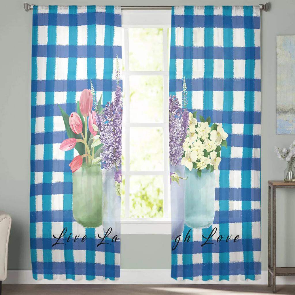 Flower Lavender Plaid Tulle Curtains Balcony Room Fashion Printed Sheer Curtain Living Room Window Modern Decor