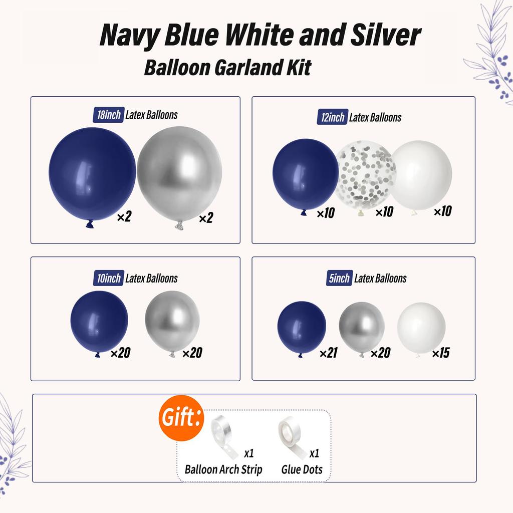 En Stock 132pcs Guirlande de Ballons Bleu Marine Blanc Ballons Confettis Métalliques Argentés pour Anniversaire Baby Shower Mariage