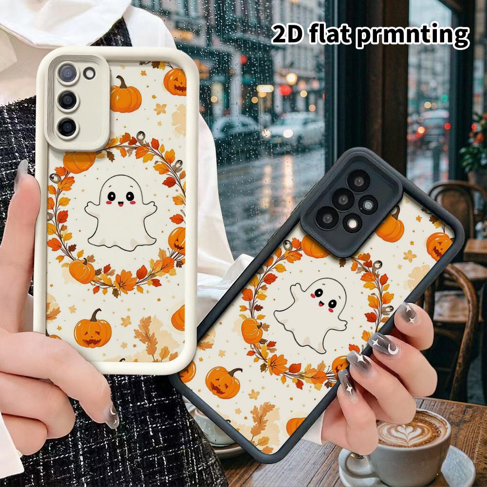 Phone Case: 2D Flat Samsung Galaxy A34 A35 M05 M06 S20 S22 S21 FE Plus 5G Layered Protective Case, Little Ghost with Garland, Christmas and Halloween