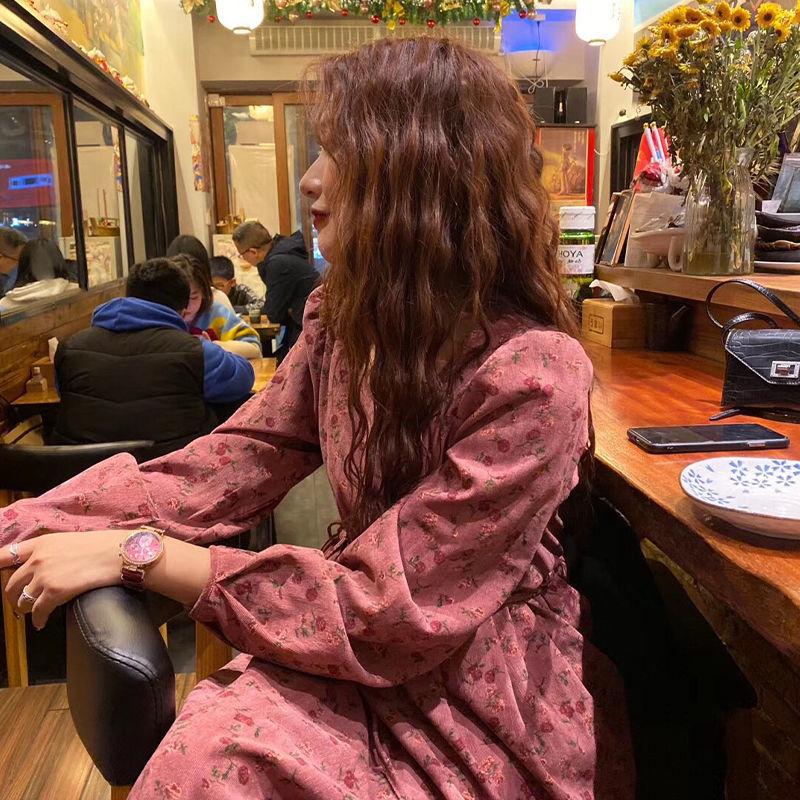 

Вельветовое цветочное милое длинное платье, закрывающее бедра, для женщин на осень, стройнящее, с высокой талией, с розовым принтом 2XL