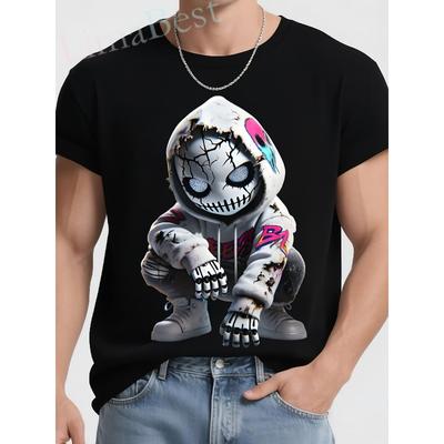 Taglie Europee T-shirt Nera da Uomo con Personaggio Accovacciato - Design Unico con Felpa Bianca Crepata, Mani e Piedi Scheletrici, Stile Casual alla Moda