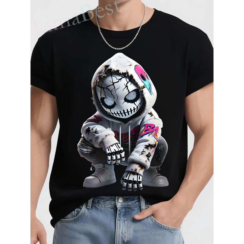 

European sizes Crouching Character Mens Black T-Shirt - Unique Design with White Cracked Hoodie, Skeletal Hands and Feet,Stylish Casual Wear 4XL чорний