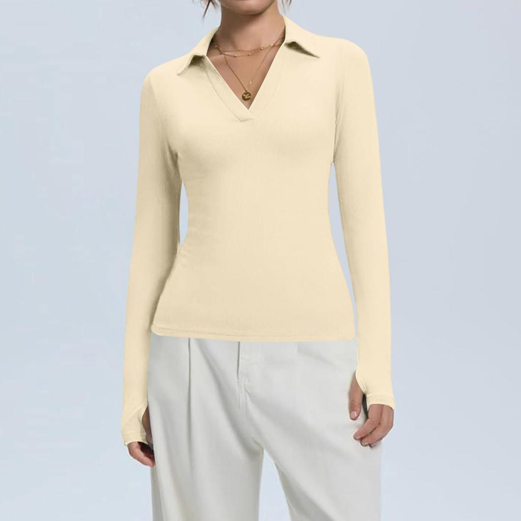 Dámská módní ležérní jednobarevná halenka s výstřihem do V, dlouhým rukávem a zapínáním na knoflíky