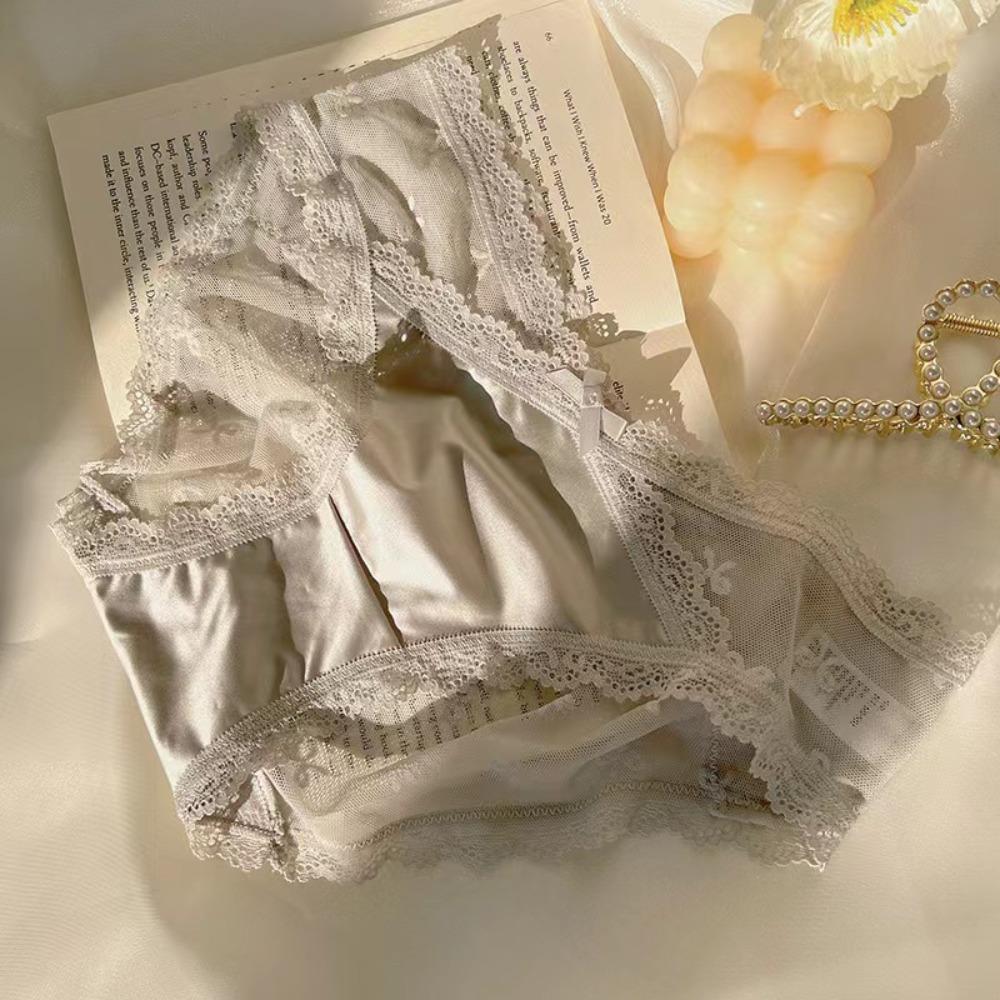 Sweet Low Waist Lace Panties Mesh Lingerie Lace Bow Briefs Satin Silk Underwear for Women Girl