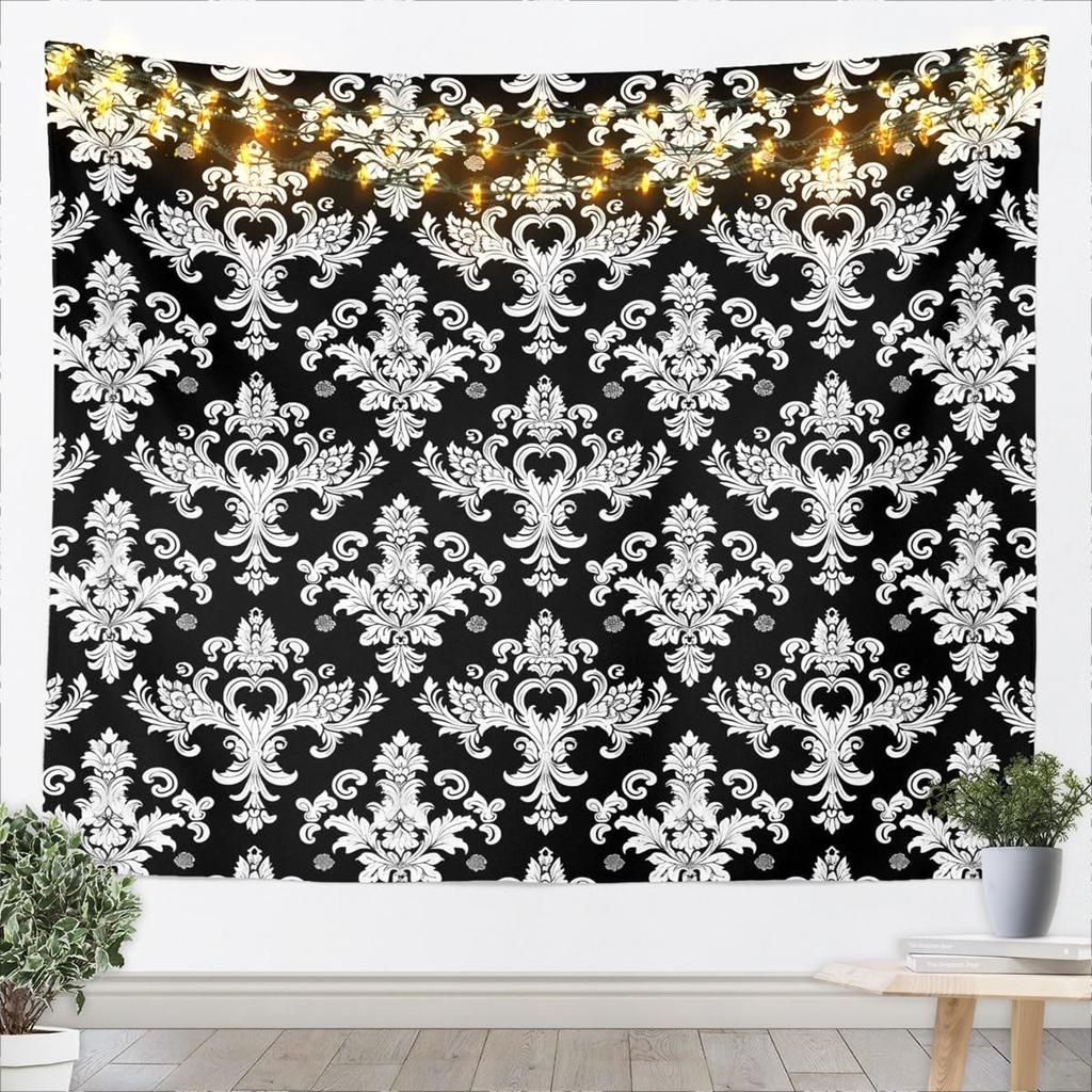 Kids Black White Wall Hanging Blanket for Boys Girls Teens Antique Victorian Baroque Wall Art Breathable Gothic Vintage Floral