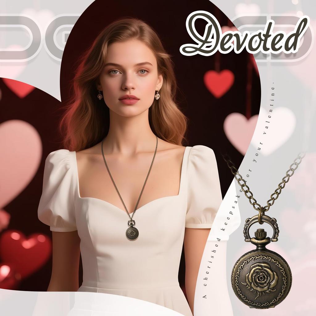 Pocket Watch Rose Antique Analog Display Waterproof Pocket Watch Pendant Necklace Chain Bronze Birthday Anniversary Christmas Valentine's Day Gift