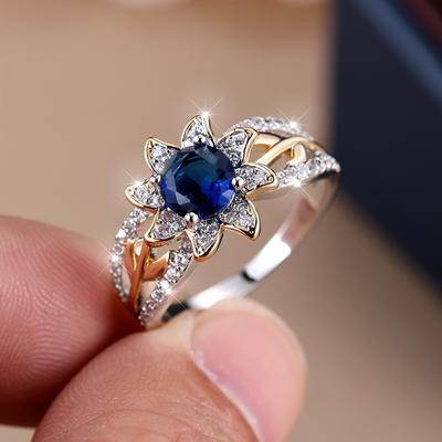 Елегантні срібні, золоті каблучки з соняшниками для жінок, круглі каблучки з блакитним цирконом, модні весільні прикраси для нареченої