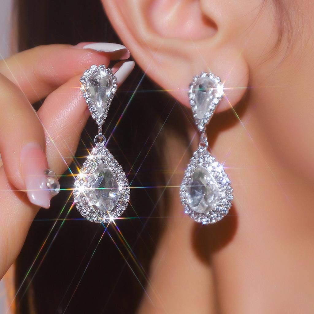 Sparkling Teardrop Dangle Earrings for Women, Full Cubic Diamond Paved Drop Earrings,Red/White/Aurora Crystal Bridal Jewelry for Wedding Party Prom