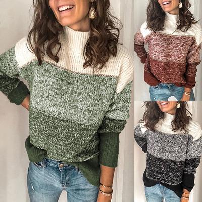2026 New Women's Color Block Sweater, Striped High Neck Knit Top, Long Sleeve Casual Pullover for Autumn Winter