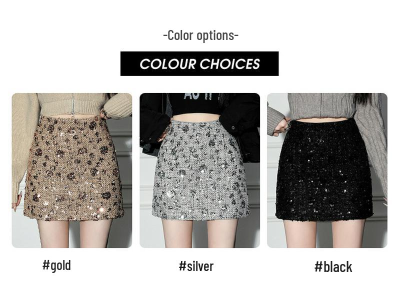 Women's Autumn/Winter 2025 Sparkling Sequin Wool A-Line Skirt - High Waist, Hip-Hugging, Slimming Short Skirt