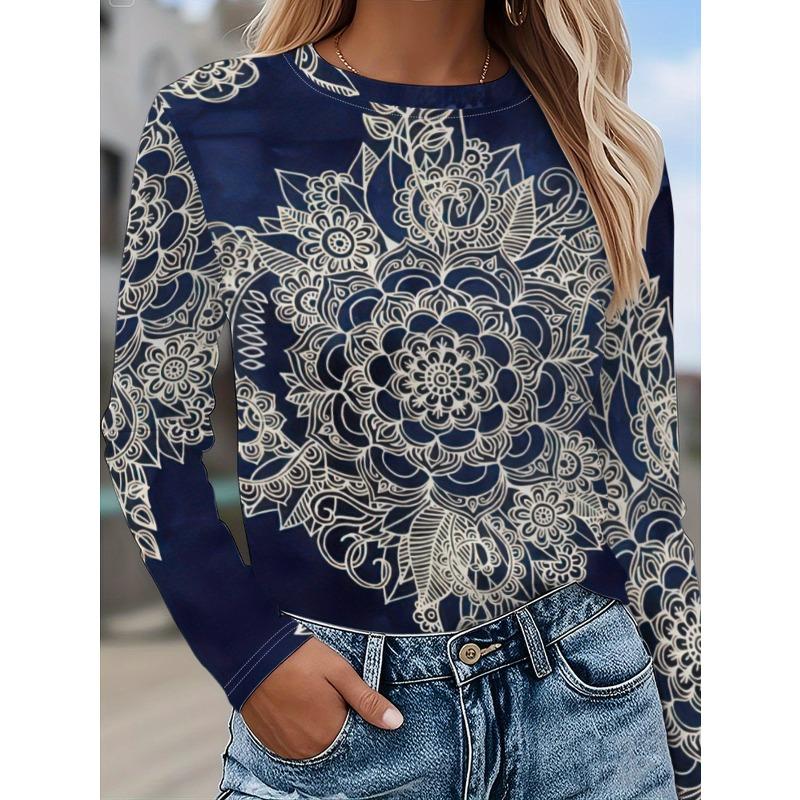 

3D Flower Printed T-shirts Casual Long Sleeved Women s T-shirts - Soft Medium Stretch Polyester Fabric Spring and Autumn Relaxed Fit Clothing 5XL