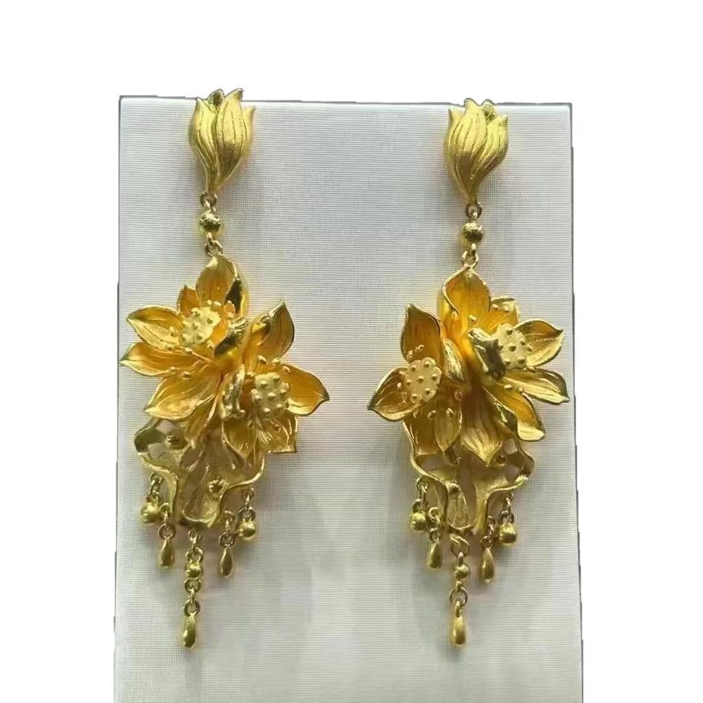 Golden Lotus Tassel Earrings: Elegant Floral Moon Wedding Studs