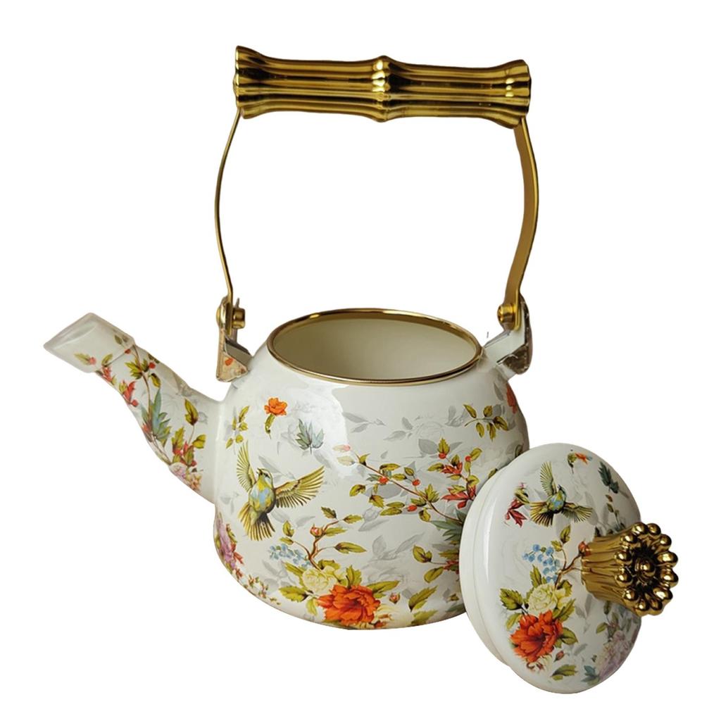 Elegant Enamel Teapot with And Floral Pattern; for Home, Office Cafe