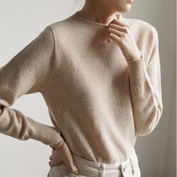 Ladies' Round-neck Pullover Slim Solid Color Sweater Versatile Long-sleeved Casual Knitted Sweater