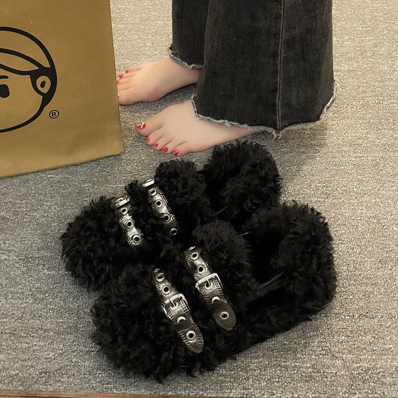 

Модная зимняя обувь, женские туфли-сабо на платформе с круглым носком, меховые повседневные женские кроссовки с коротким носком, мокасины, новые удобные криперы S 37 чёрный