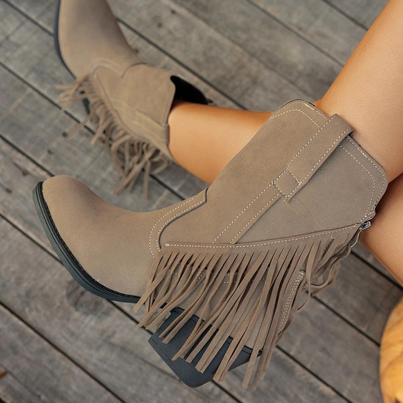 Cizme Cowboy Western Retro cu Ciucuri din Piele Suede Femei 2025 Iarnă Sexy Vârf Ascuțit Toc Înalt Cizme Glezna Botine Scurte de Designer pentru Femei