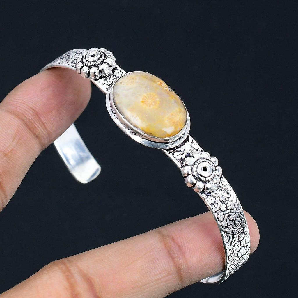Halloween Sale Sterling Silver Natural Fossil Coral Anniversary Unique Bangle