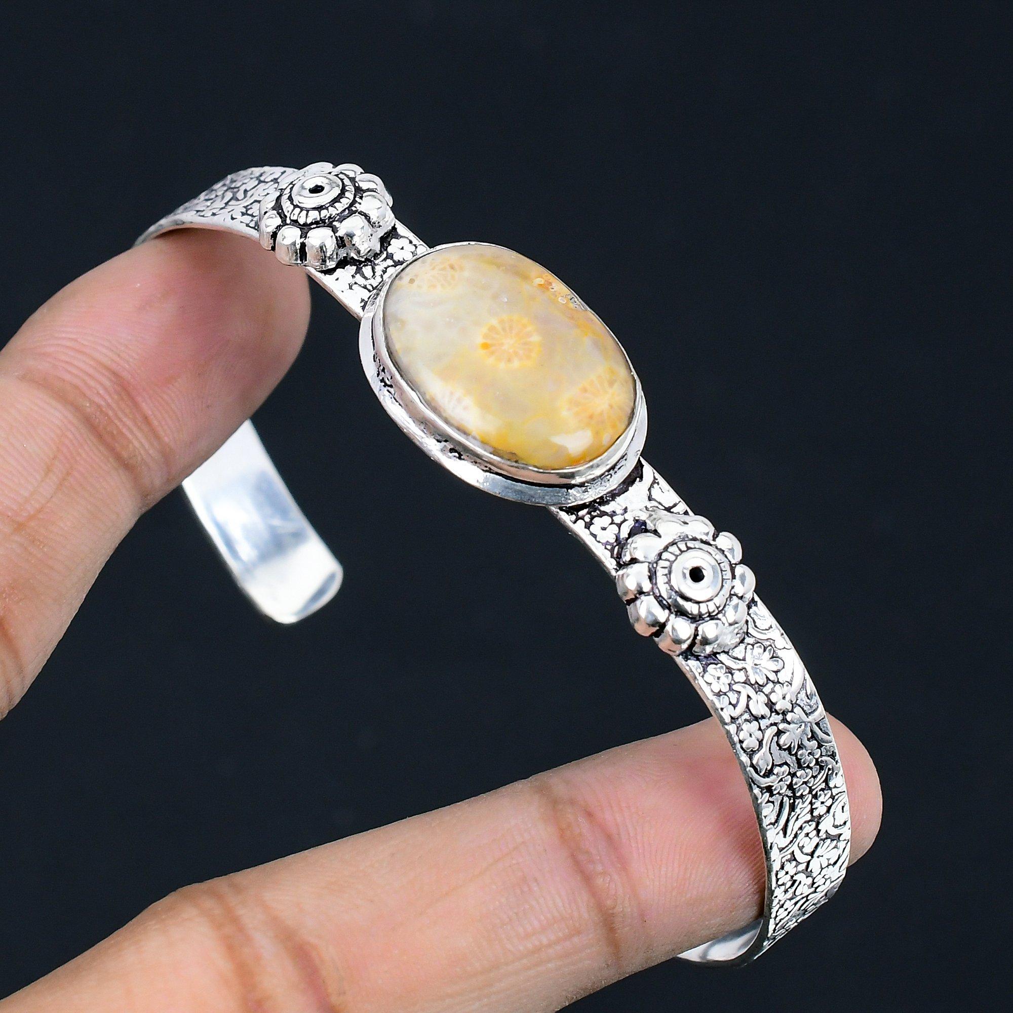 

Хэллоуинская распродажа Стерлинговое серебро Натуральный ископаемый коралл Юбилейный Уникальный браслет Adjustable